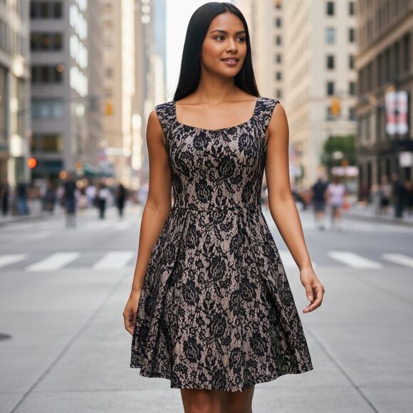 COCO AVANTE Black Lace Peplum Mini Dress L Nude Fit & Flare Skater Swing Sexy - Picture 1 of 14